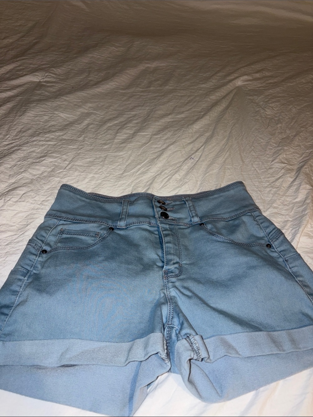 Wax Jean Light Blue High Waist Denim Shorts with Triple Button Detail